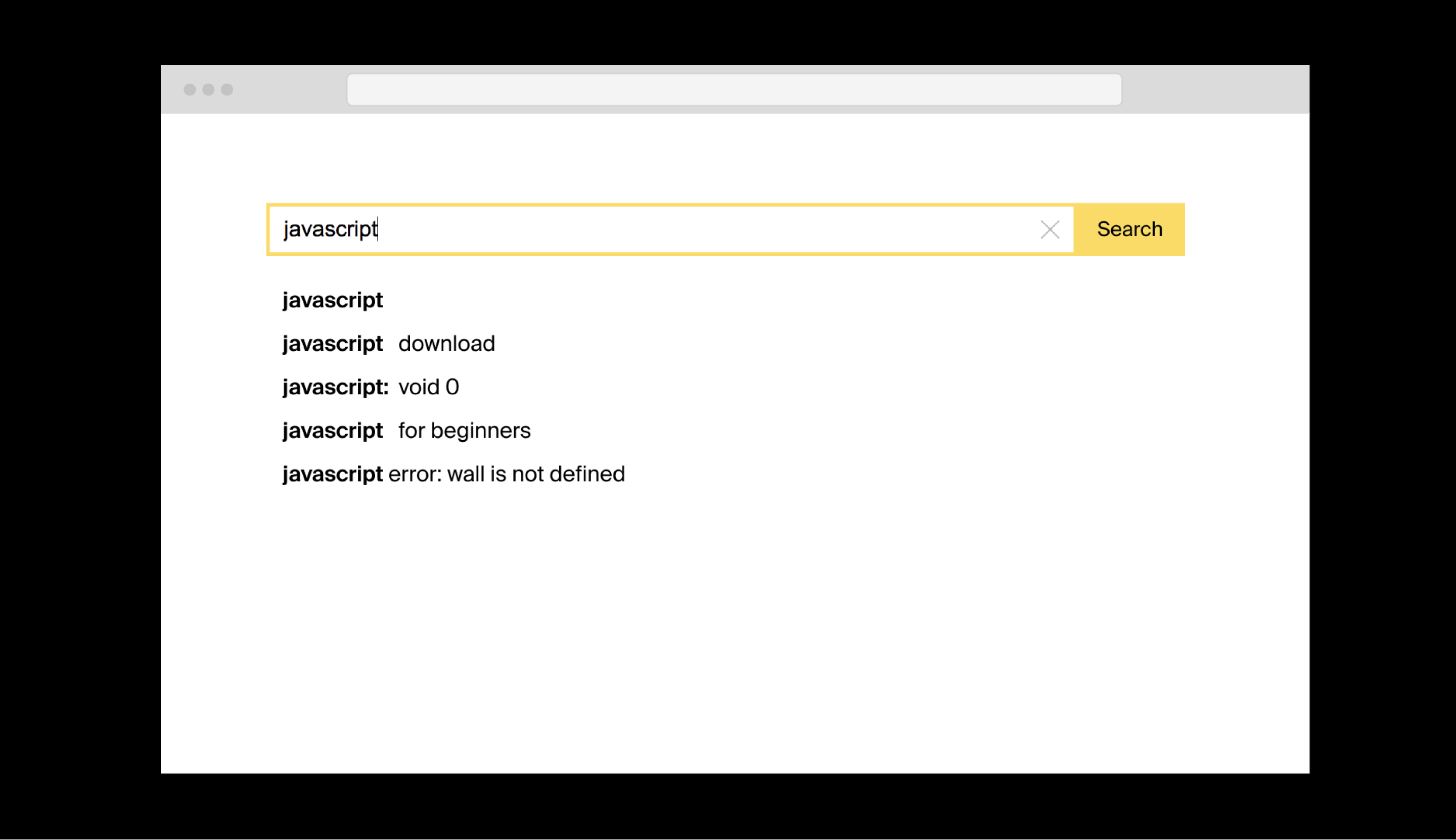 A search bar on the Yandex search page. 'Javascript' is typed into the search bar and there are several drop-down autocomplete suggestions for Javascript.